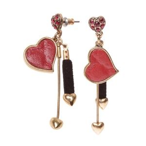 💘Gold-Red Leatherette Heart Charm Dangle Earrings